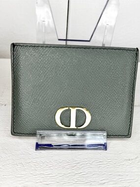 Christian Dior CD Icon Grained Leather Card Holder Wallet Gray/Gold Hardware